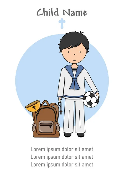 Karta Mojej Pierwszej Komunii Chłopiec Piłką Nożną Kielichem Plecaku — Wektor stockowy