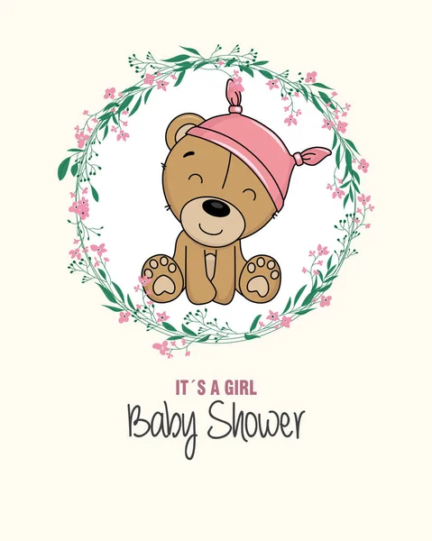 赤ちゃんの女の子シャワーカード 花の枠の中でかわいいクマ 分離ベクトル — ストックベクタ