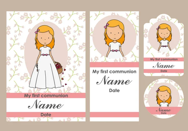 Première Carte Communion Marque Page Étiquette Autocollant Ensemble Pour Fille — Image vectorielle