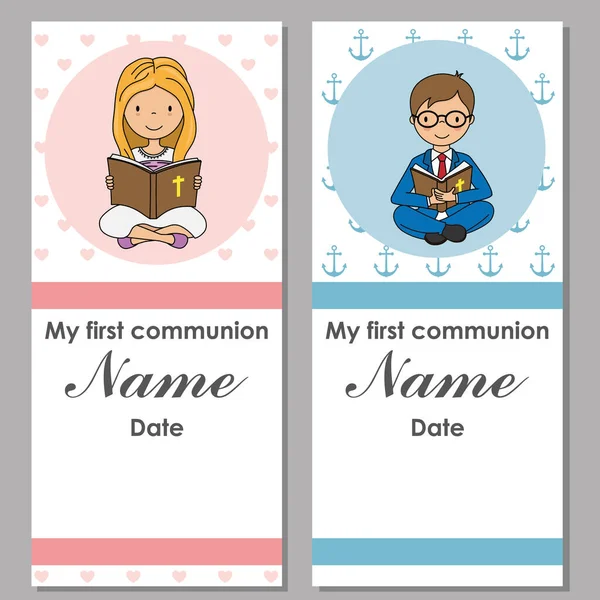 女の子と男の子のための2枚の聖餐式カードのセット — ストックベクタ