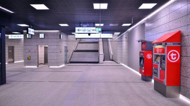 Varşova, Polonya. 5 Kasım 2022. Zacisze istasyon koridorunun modern iç tasarımı ve ışıklandırması. Varşova metro sisteminin ikinci hattı.  