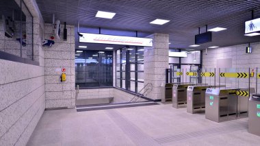 Varşova, Polonya. 5 Kasım 2022. Zacisze istasyon koridorunun modern iç tasarımı ve ışıklandırması. Varşova metro sisteminin ikinci hattı.  