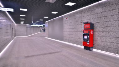 Varşova, Polonya. 5 Kasım 2022. Zacisze istasyon koridorunun modern iç tasarımı ve ışıklandırması. Varşova metro sisteminin ikinci hattı.  