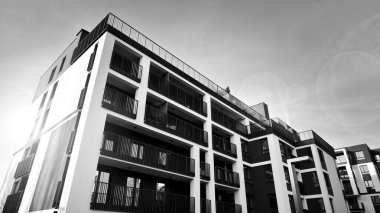 Apartments in residential complex. Housing structure at modern house.  Architecture for property investment. and architecture details. Urban abstract - windows of apartment building. Black and white.