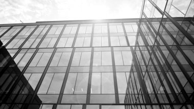 Glass modern building with sky background. Low angle view and architecture details. Urban abstract - windows of glass office building in  sunlight day. Black and white.