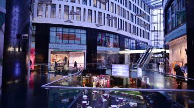 Warsaw, Poland. 19 January 2023. The modern interiors of Plac Unii shopping mall.  In a very pleasant atmosphere, customers of the center can enjoy a wide shopping offer. 