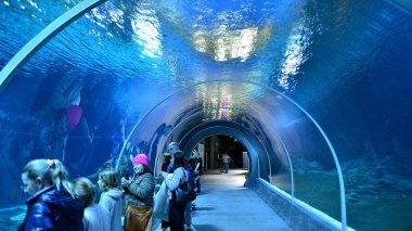 Lodz, Poland. 16 February 2023. Orientarium Zoo Lodz. Group of tourists visiting the aquarium. People in underwater tunnel aquarium. Ocean and coral reef.