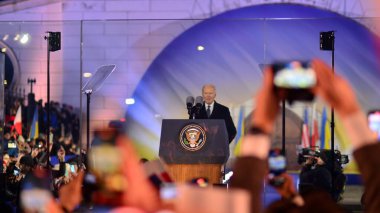 Warsaw, Poland. 21February 2023. USA President Joe Biden at the Warsaw Royal Castle Gardens. The speech on the anniversary of the Russian invasion of Ukraine as part of his visit to Poland.