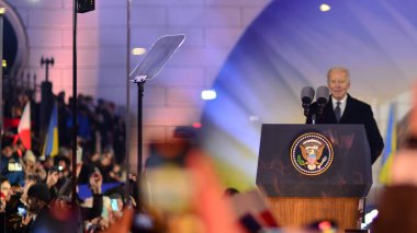 Warsaw, Poland. 21 February 2023. USA President Joe Biden at the Warsaw Royal Castle Gardens. The speech on the anniversary of the Russian invasion of Ukraine as part of his visit to Poland.