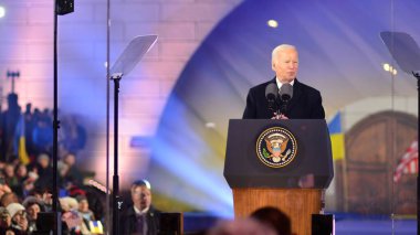 Warsaw, Poland. 21 February 2023. USA President Joe Biden at the Warsaw Royal Castle Gardens. The speech on the anniversary of the Russian invasion of Ukraine as part of his visit to Poland.