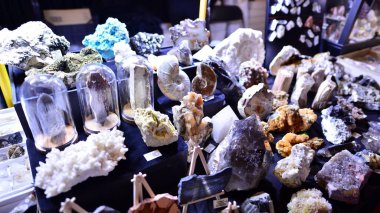 Varşova, Polonya. 5 Mart 2023. Varşova Mineral Fuarı 2023. Farklı boyutlarda renkli taşlar bir rafta duruyordu. Yarı değerli taşların sergilenmesi.