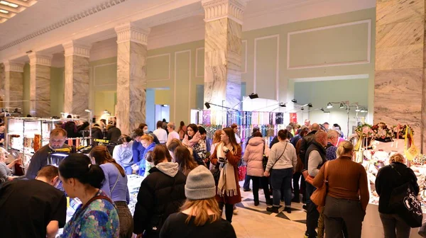 stock image Warsaw, Poland. 5 March 2023. Warsaw Mineral Expo 2023. People are looking and buying minerals and precious stones exhibited at the fair.