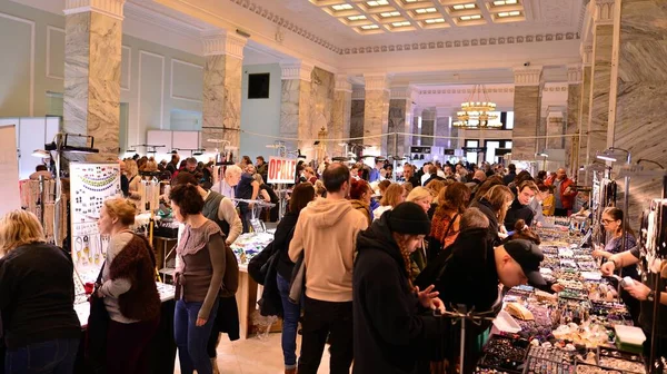 stock image Warsaw, Poland. 5 March 2023. Warsaw Mineral Expo 2023. People are looking and buying minerals and precious stones exhibited at the fair.