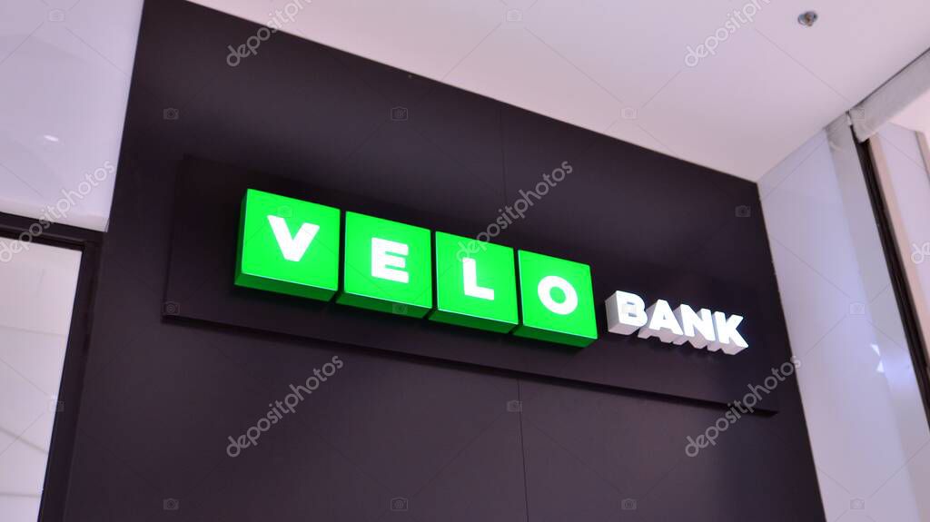 Warsaw, Poland. 8 March 2023. Sign Velo Bank. Company signboard Velo Bank.