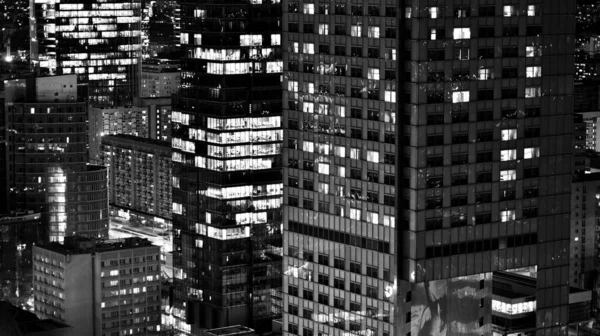 Kilátás Éjszakai Üveg Épületek Modern Üzleti Felhőkarcolók Kilátás Modern Felhőkarcolók — Stock Fotó