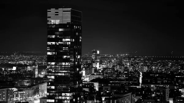 Vue Des Bâtiments Verre Nuit Des Gratte Ciel Affaires Modernes — Photo