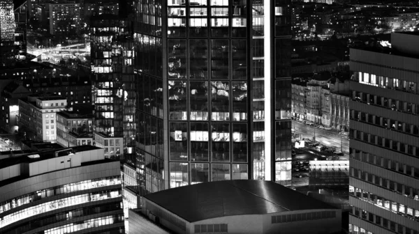 Utsikt Över Natten Glasbyggnader Och Moderna Företag Skyskrapor Utsikt Över — Stockfoto