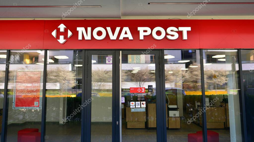 Warsaw, Poland. 21 April 2023. Sign Nova Post. Company signboard Nova Post
