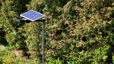 Işıklandırma direği, fotovoltaik panel ve yeşil arka planlı LED lamba ışıkları. Yenilenebilir enerji konsepti üretimi.