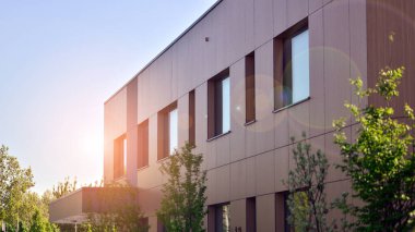 Modern ticari binanın güneş ışığıyla yansıması. Çevre mimarisi. Yeşil ağaç ve cam ofis binası. Doğanın ve modernliğin ahengi. 