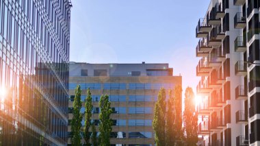 Çevre mimarisi. Yeşil ağaç ve yeni apartman. Doğanın ve modernliğin ahengi. Yeşil yerleşim bölgesinde yeni daireleri olan modern bir yerleşim yeri.. 