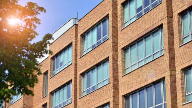 Çevre mimarisi. Binadaki ön cam ve alüminyum panellerin detayları. Yeşil ağaç ve modern ofis binası. Doğanın ve modernliğin ahengi. 