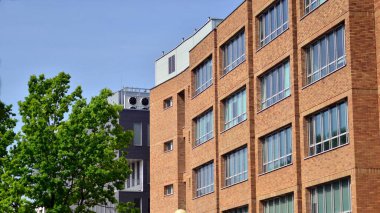 Çevre mimarisi. Binadaki ön cam ve alüminyum panellerin detayları. Yeşil ağaç ve modern ofis binası. Doğanın ve modernliğin ahengi. 