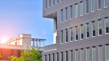 Çevre mimarisi. Binadaki ön cam ve alüminyum panellerin detayları. Yeşil ağaç ve modern ofis binası. Doğanın ve modernliğin ahengi. 