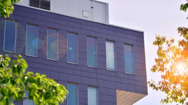 Çevre mimarisi. Binadaki ön cam ve alüminyum panellerin detayları. Yeşil ağaç ve modern ofis binası. Doğanın ve modernliğin ahengi. 