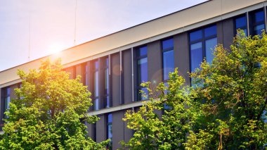 Çevre mimarisi. Binadaki ön cam ve alüminyum panellerin detayları. Yeşil ağaç ve modern ofis binası. Doğanın ve modernliğin ahengi. 