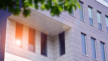 Çevre mimarisi. Binadaki ön cam ve alüminyum panellerin detayları. Yeşil ağaç ve modern ofis binası. Doğanın ve modernliğin ahengi. 