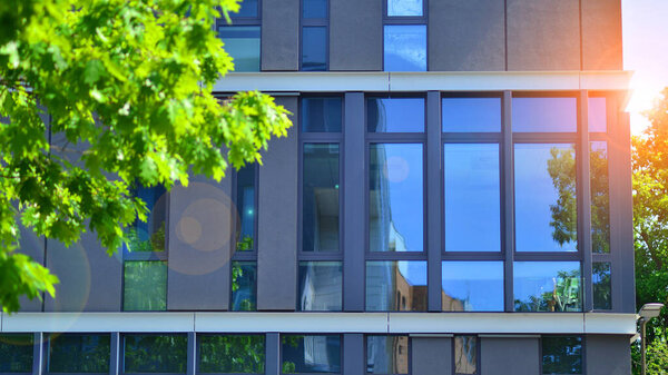 Eco architecture. Details of facade glass and aluminum panels on building. Green tree and modern office building. The harmony of nature and modernity.