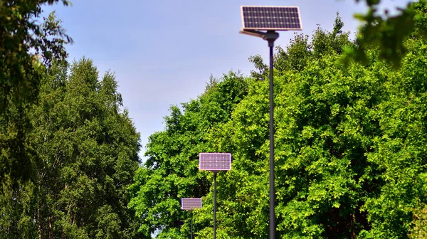 Street light powered by solar panel with battery included. Alternative energy from the sun.