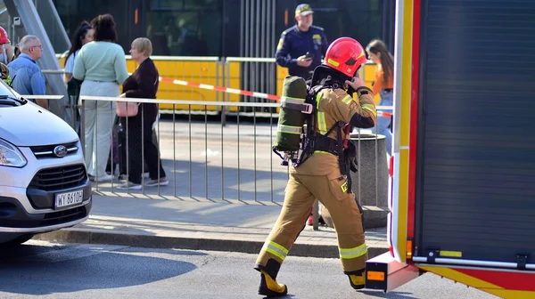 Warsaw Poland June 2023 Firemen Burnt Tram Transport Fire Brigade — Stock Photo, Image