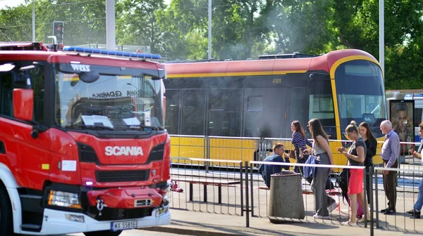 Varsó Lengyelország 2023 Június Tűzoltók Égett Villamosközlekedés Tűzoltó Brigád Akció — Stock Fotó