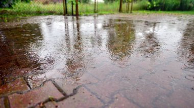 Kaldırımda şiddetli yağmur damlaları. Sel yüzeyine yağmur suyu, bahçedeki kaldırım..