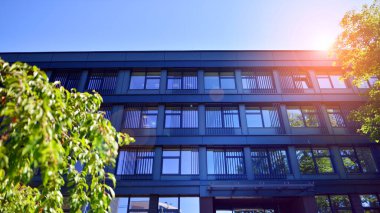 Karbondioksiti azaltmak için ağaçlı sürdürülebilir cam ofis binası. Modern şehirde çevre dostu bir bina. Yeşil çevresi olan bir ofis. Şirket binası CO2 'yi düşürdü.