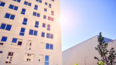 Ağaçların çevresindeki modern bir yerleşim yeri. Ekoloji ve yeşil yaşam şehirde, kentsel çevre kavramı. Modern apartman ve yeşil ağaçlar. Ekolojik konut mimarisi. 