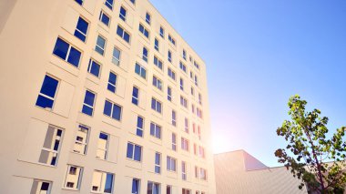 Ağaçların çevresindeki modern bir yerleşim yeri. Ekoloji ve yeşil yaşam şehirde, kentsel çevre kavramı. Modern apartman ve yeşil ağaçlar. Ekolojik konut mimarisi. 