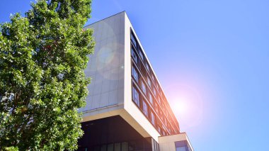 Karbondioksiti azaltmak için ağaçlı sürdürülebilir cam ofis binası. Modern şehirde çevre dostu bir bina. Yeşil çevresi olan bir ofis. Şirket binası CO2 'yi düşürdü.