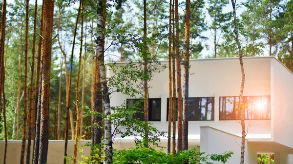 Gehobenes Haus Bewaldeter Umgebung Fragment Einer Einfamilienhausfassade — Stockfoto