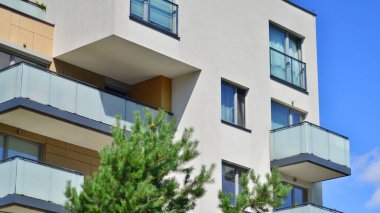 Çevre mimarisi. Yeşil ağaç ve apartman. Doğanın ve modernliğin ahengi.