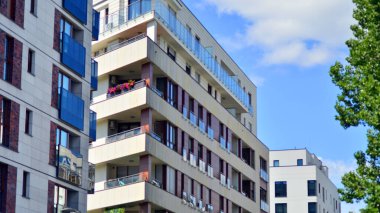 Çevre mimarisi. Yeşil ağaç ve apartman. Doğanın ve modernliğin ahengi.