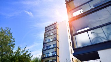 Çevre mimarisi. Yeşil ağaç ve apartman. Doğanın ve modernliğin ahengi.