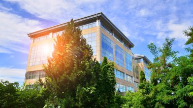 Modern şehir konseptinde eko binası. Taze yeşil ağaçlar ve ofis binası, iş konsepti.