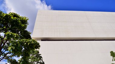 Mavi gökyüzüne karşı modern beyaz beton bina duvarları. Çevre mimarisi. Yeşil ağaçlar ve beton ofis binası. Doğanın ve modernliğin ahengi.