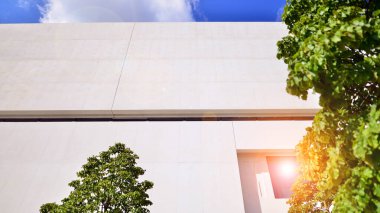 Mavi gökyüzüne karşı modern beyaz beton bina duvarları. Çevre mimarisi. Yeşil ağaçlar ve beton ofis binası. Doğanın ve modernliğin ahengi.