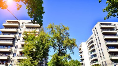 Modern apartman ve yeşil ağaçlar. Ekolojik konut mimarisi. Ağaçların çevresindeki modern bir yerleşim yeri. Kentte ekoloji ve yeşil yaşam, kentsel çevre kavramı. 