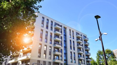 Modern apartman ve yeşil ağaçlar. Ekolojik konut mimarisi. Ağaçların çevresindeki modern bir yerleşim yeri. Kentte ekoloji ve yeşil yaşam, kentsel çevre kavramı. 