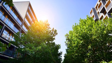 Modern apartman ve yeşil ağaçlar. Ekolojik konut mimarisi. Ağaçların çevresindeki modern bir yerleşim yeri. Ekoloji ve yeşil şehir, kentsel çevre 